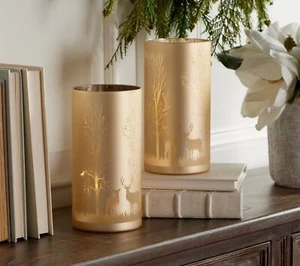 Set of 2 Illuminated 8" Glass Pillars with Scene by Valerie in Champagne - Picture 1 of 3