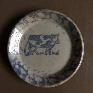 Vintage 3” mini miniature Pottery Stoneware Plate Grey with Blue Cow Design - Picture 1 of 4