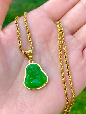 VERDE Buda Buena Fortuna Jade Sonriente Riendo Cuerda Cadena Collar Dorado Pequeño Foto 1 de 4