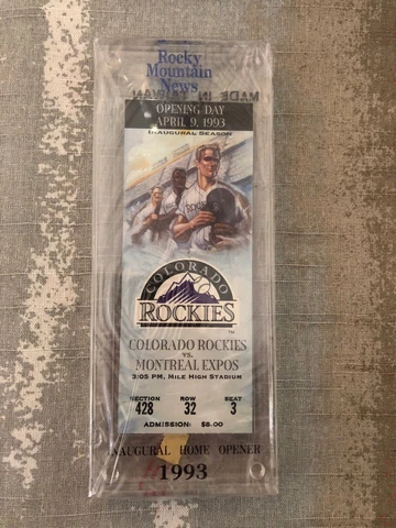 1993 Colorado Rockies Inaugural Home Opener Ticket in Lucite Case with box MINT Cover