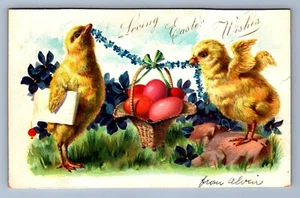 Postkarte Vintage Ostern Urlaub Kükeneier ziehen Blumen Feier - Bild 1 von 2