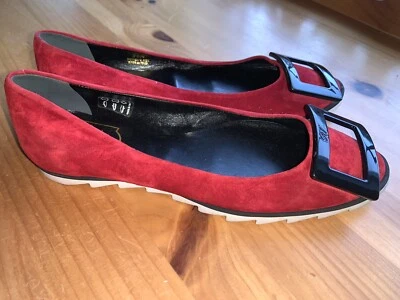 Roger Vivier Viv Gommette Red Suede Flats Size 36.5 US 6.5 Buckle - Image 1 of 4