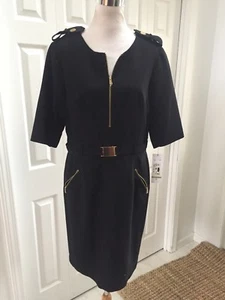NWT $140 CHETTA B. Black Fitted Gold Accent  Belted Short-Sleeve 14 - Picture 1 of 10