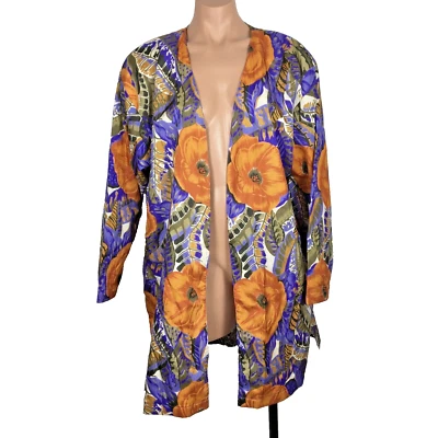Blazer Chaqueta Longline Floral Amapola Frente Abierto Años 80 Almohadillas para el Hombro Arte para Usar Foto 1 de 4