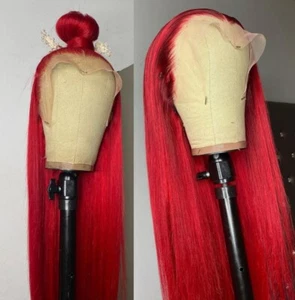 Hot red Full lace front wigs Synthetic hair Heat resistant Straight Mid parting - Picture 1 of 8