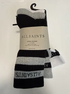 3 Pairs ALLSAINTS Flat Knit CREW Socks BLACK GRAY WHITE Men’s Size (7-13) - Picture 1 of 3