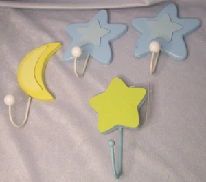 Yellow Moon & Blue Stars Wall Hooks Baby & Kids Bedroom or Play Room Decor - Picture 1 of 4