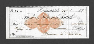 U.S. 1873 BANK CHECK, TRADERS NATIONAL BANK, ROCHESTER, NY W/ REVENUE RN-D1 - Picture 1 of 2