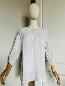 Eileen Fisher M White Tan Striped Gauze Popover Top 100% Linen Roll Tab Sleeve - Picture 1 of 15