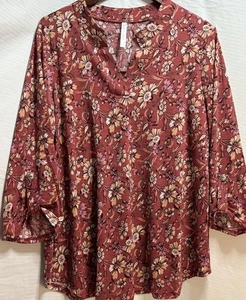 Top túnica Dear Scarlett Lizzy floral manga enrollable rosa borgoña grande nuevo sin etiquetas - Imagen 1 de 10