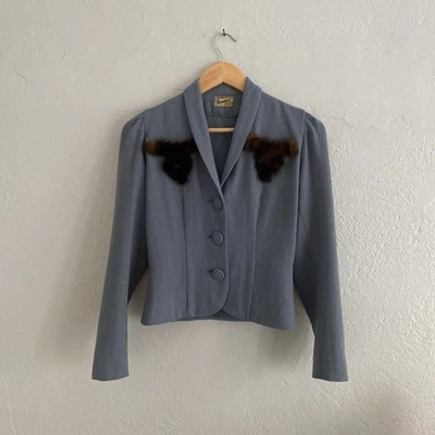 Chaqueta de lana a medida azul polvoriento vintage años 30 40 con ribete de visón marrón talla XS S Foto 1 de 4