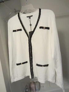 NWT women's long sleeve cardigan Adrianna Papell Size M white/black trim - Picture 1 of 15