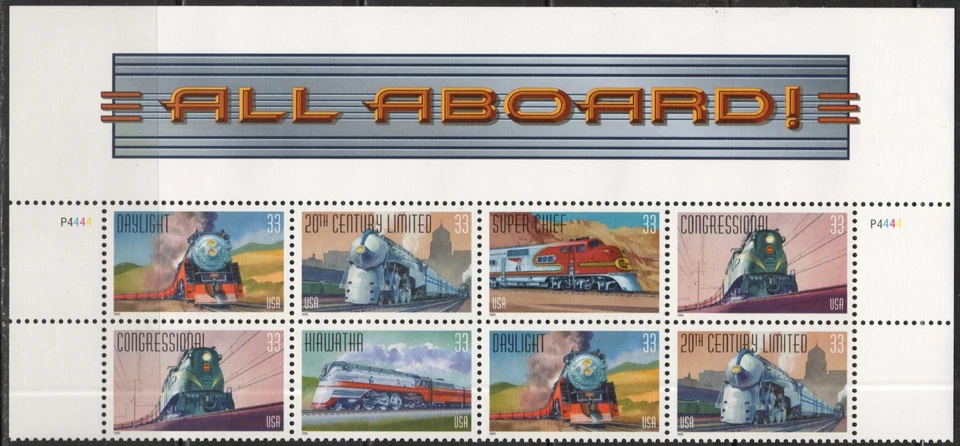 US Scott #3337a Plate Block of 8, "All Aboard", with top tab, 2 plt.#, MNH - Image 1 of 1