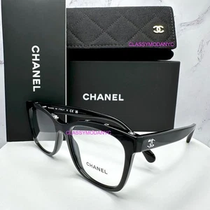 NEW Chanel Eyeglasses Black 53-17-140 Square Full Rim Logo Writing On Frame Top - Picture 1 of 17