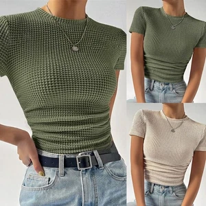 Women Slim Fit Knitted Top Short Sleeves Pleated Pure Color Round Neck for Club - Picture 1 of 10