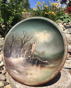 Antique 19th Century Church Cathedral Handmade Oil Painting on Turned Wood Bowl - Picture 1 of 12