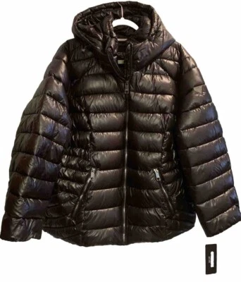 Guess Puffer Jacket, Black With Hood, Plus Size 1X, NWT. MSRP $160.00 - Image 1 of 4