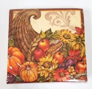 NEW 40 PC 3-PLY BEIGE+BROWN+CORNUCOPIA FALL FLORAL+FRUIT, PAPER LUNCHEON NAPKINS - Picture 1 of 5