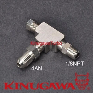 Adapter Fitting Tee 3 Way 1/8" NPT to 4AN w/ Plug Block Oil Feed Pressure Sensor - Foto 1 di 1