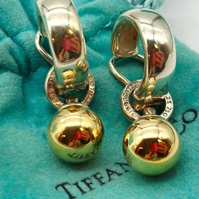 Tiffany & Co. Gold Ball Dangle Clip-on Hoop Earrings Silver 12.0g - Image 1 of 4