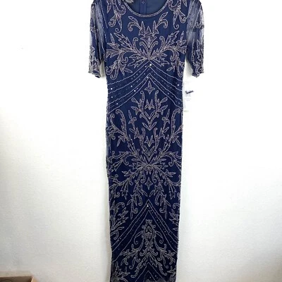 Vestido Columna Malla Cuentas Pisarro Nights Talla 4 Azul Marino D2451 Manga 3/4 Foto 1 de 4