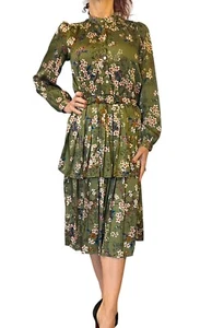 CHRISTINA ROHDE TEEN GIRL 16 WOMEN'S SMALL GREEN SATIN PLEATED FLORAL MIDI DRESS - Picture 1 of 14