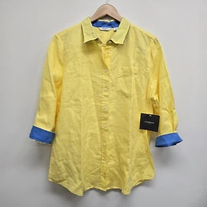 NEW Liz Claiborne 100% Linen Yellow Blue Contrast Cuff Button Front Shirt XL NWT - Picture 1 of 10