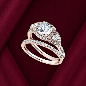IGI Lab Grown Diamond Wedding Band Set Ring 1.90 Ct Cushion Cut 18K Rose Gold - Picture 1 of 16