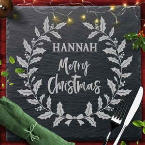 Holly Wreath Any Name Or Text Square Personalised Christmas Slate Placemat - Picture 1 of 1