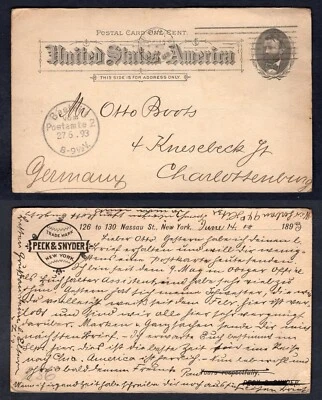 USA New York 1893 Peck & Snyder Sporting Goods Postal Card to Germany. Baseball - Image 1 of 3