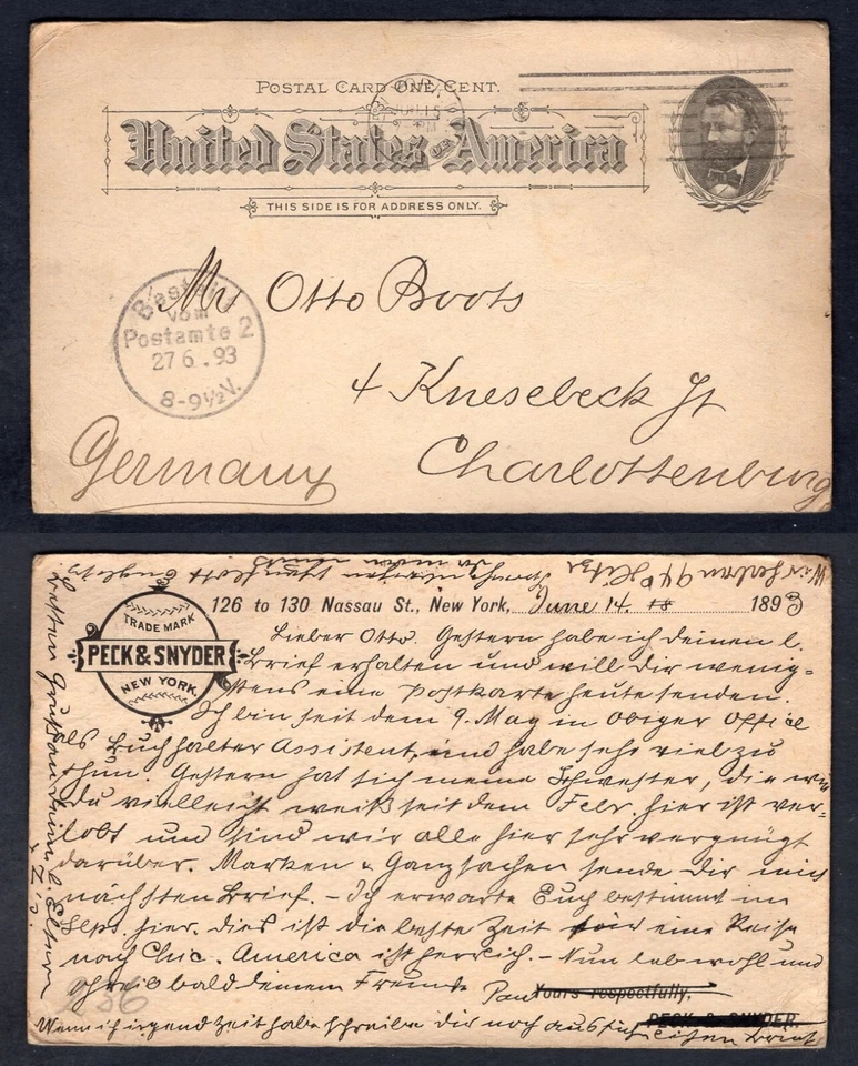 USA New York 1893 Peck & Snyder Sporting Goods Postal Card to Germany. Baseball - Image 1 of 3