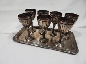 Sterling Silver cordial Tray & Cups 8 pc SET Mexico Knight & Shield Hallmark FP - Picture 1 of 7