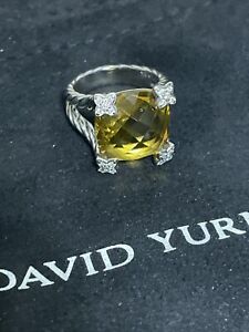 David Yurman SS 14mm Cushion On Point Lemon Citrine/Diamond Ring Sz 5.5