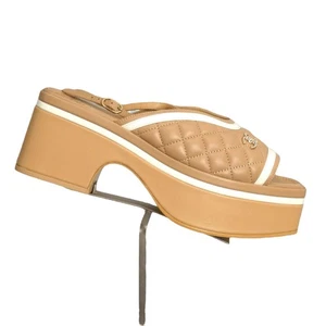 CHANEL- Beige & White Quilted Platform Sandals, Size 38.5 - Picture 1 of 5