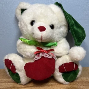Vintage Weihnachten weißer Bär Plüsch rot grün Stofftier 11 Zoll hält Strumpf - Bild 1 von 11