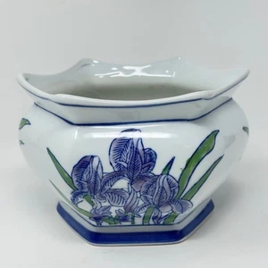 Vintage Blue & White Ceramic Iris Planter AAA Imports Hexagon - Picture 1 of 9