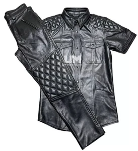 Men’s Black Leather Police style Uniform Set Quilted Shoulder Shirt Pants - Picture 1 of 4