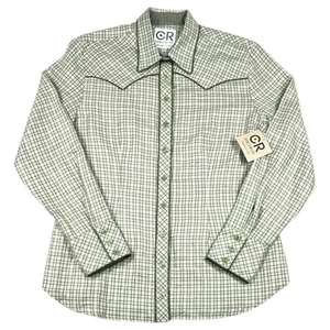 CR Ranchwear Western Pro Green Plaid Shirt Womens Large Italian Cotton Rodeo New - Picture 1 of 11