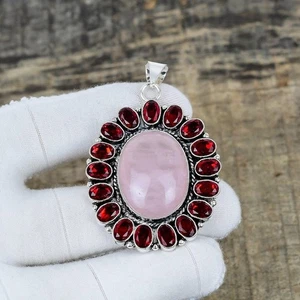 Rose Quartz With Garnet Gemstone 925 Sterling Silver Jewelry Wedding Pendant - Picture 1 of 4