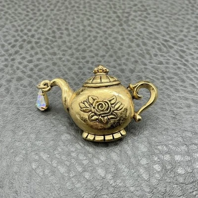 AVON Teapot Brooch Pin Gold Tone Rose Motif AB Crystal Rhinestone Dangle Signed - Image 1 of 4