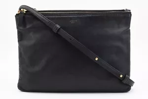 CELINE Trio Large Crossbody Shoulder Bag Purse Leather Pochette Black - Picture 1 of 24