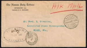 Bahamas 1940 Nassau Daily Tribune Airmail Cover w/CROWN CIRCLE in BLACK VF - Picture 1 of 3