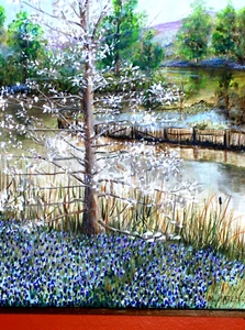 Bluebonnet Landscape Pond Water ReflectIon Birds Sky Blooming Tree Oil Paint VTG - Picture 1 of 12