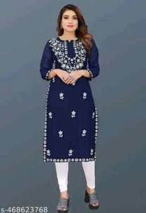 Traditioneller Damen blau Georgette gerade Chikankari bestickt Kurta/Kurti - Bild 1 von 3