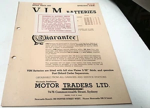 1936 VIM BATTERIES Original PRICE LIST - Picture 1 of 1