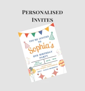 Bunting Birthday Party Invitations Personalised Invites A5 Kids Children Girls - Picture 1 of 5