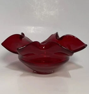 Vintage Hand Blown Ruby Red Art Glass Bowl Decorative Dish 8" Decor Ruffled - Picture 1 of 11