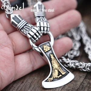 MENDEL Mens 30 Inch Stainless Steel Viking Axe Wolf Raven Pendant Necklace Chain - Picture 1 of 9