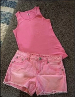 JUSTICE Pink Cut Off Denim Jean Shorts and Ribbed Tank Top Outfit Set-14/16 - Image 1 of 4