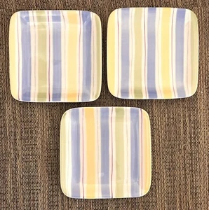 THREE 5.25" Square Plates SANIBEL - Crate and Barrel - BLUE YELLOW GREEN Stripes - Picture 1 of 4